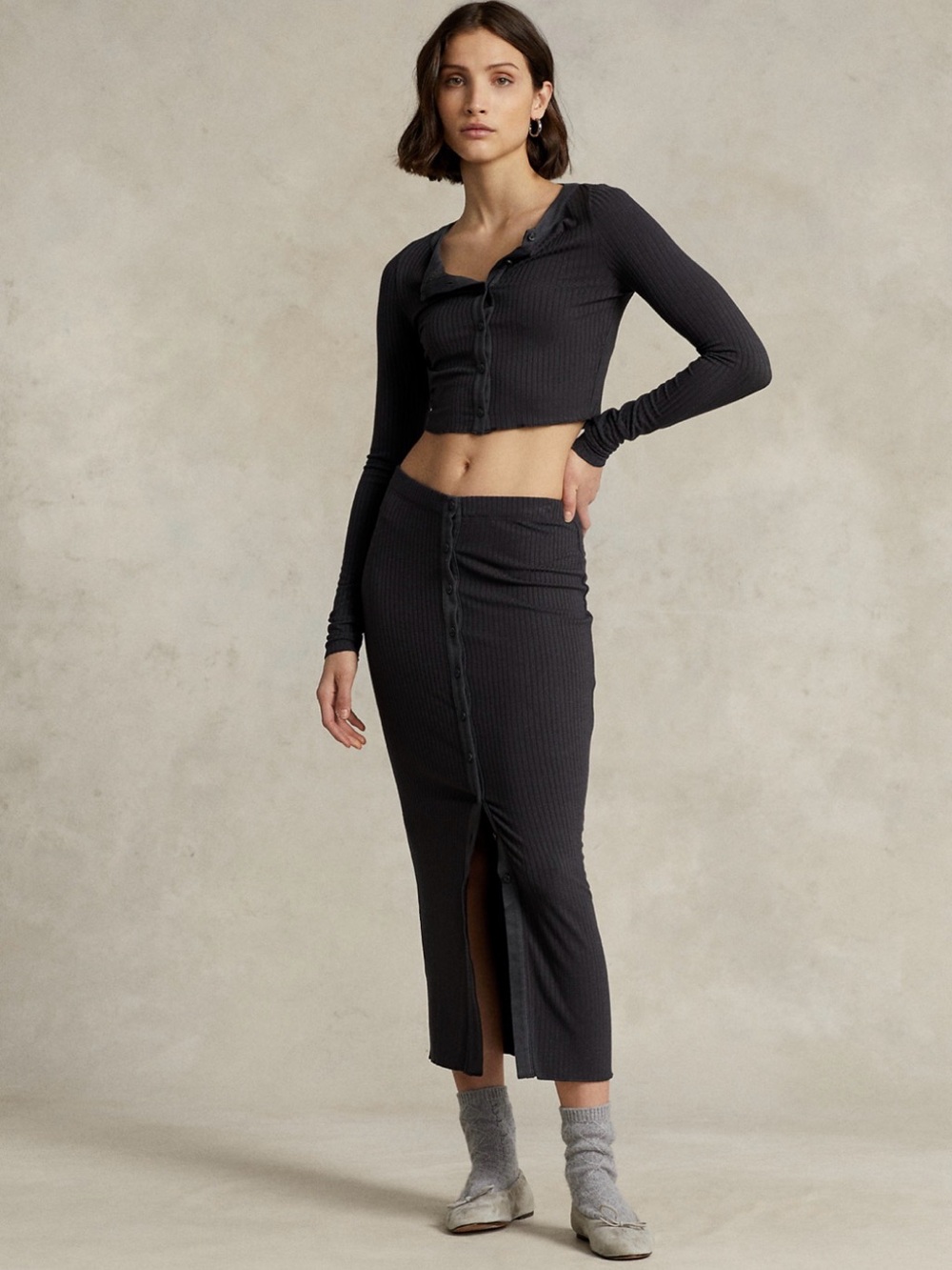 Ralph Lauren Dark Grey Baby Rib Button-Front Midi Skirt